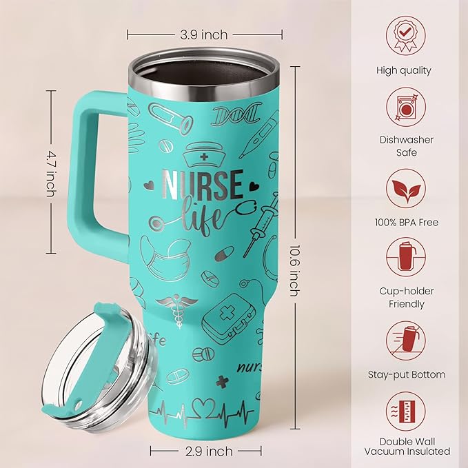 Nurse Gifts for Women, Nurse Tumbler with Handle 40oz Stainless Steel Coffee Cup with Straw Lid, Nursing Gift for Female Nurses, Appreciation Gift for Graduation Christmas Birthday