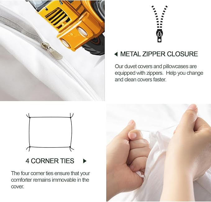 Construction Truck Bedding Set Full Size Construction Vehicles Duvet Cover Excavator Dump Truck Crane Comforter Cover Children Machinery Cars Bedding Set with Zipper Ties for Bedroom
