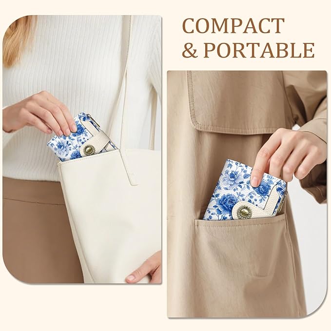 Floral Flowers Small Wallet Women RFID Blocking Bifold, Credit Card Holder, Zipper Coin Pocket, PU Leather, Compact, Travel, 4 ID Window, 14 Card Slots, Cash Purse, Ladies Woman Female Girls