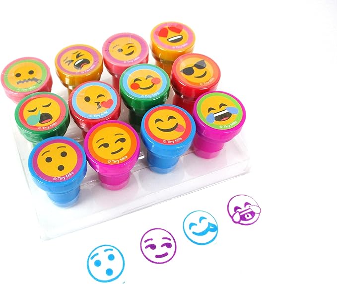 TINYMILLS 12 Pcs Emoji Stamp Kit for Kids - Emoji Self Inking Stamps Gift Party Favors