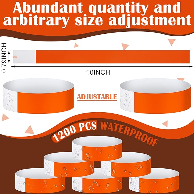 Tudomro 1200 Pack Plastic Paper Wristbands for Events Neon Party Wrist Bands Colored Waterproof Concert Identification Hand Bands Lightweight Adhesive Wristband(Orange)