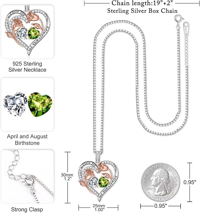 Iefil Valentines Day Gifts for Her - 925 Sterling Silver Rose Heart Birthstone Necklace Birthday Anniversary Jewelry Gifts for Her Wife Mom Daughter