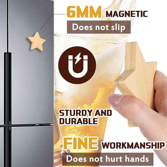 Vesici 24 Pcs Magnetic Bottle Opener 2.5in DIY Bamboo Star Shape Beer Openers Wooden Fridge Magnet Refrigerator Sticker Gift for Beer Lover Wedding Guest Kitchens Bars Parties
