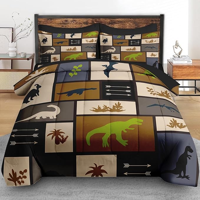 Comforter Set King Size, Dino Tree Animal 7 Pcs Bedding for Kids and Adults, Cute Dinosaur Dragon Bed Sheet Sets with Fitted Sheet 2 Pillowcases & 2 Shams for Bedroom Bed Decor