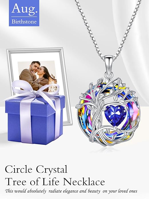 TOUPOP Tree of Life Birthstone Necklace 925 Sterling Silver Pendant Austrian Crystal Jewelry Anniversary Valentine's Day Birthday Gifts for Women Mom Her Wife