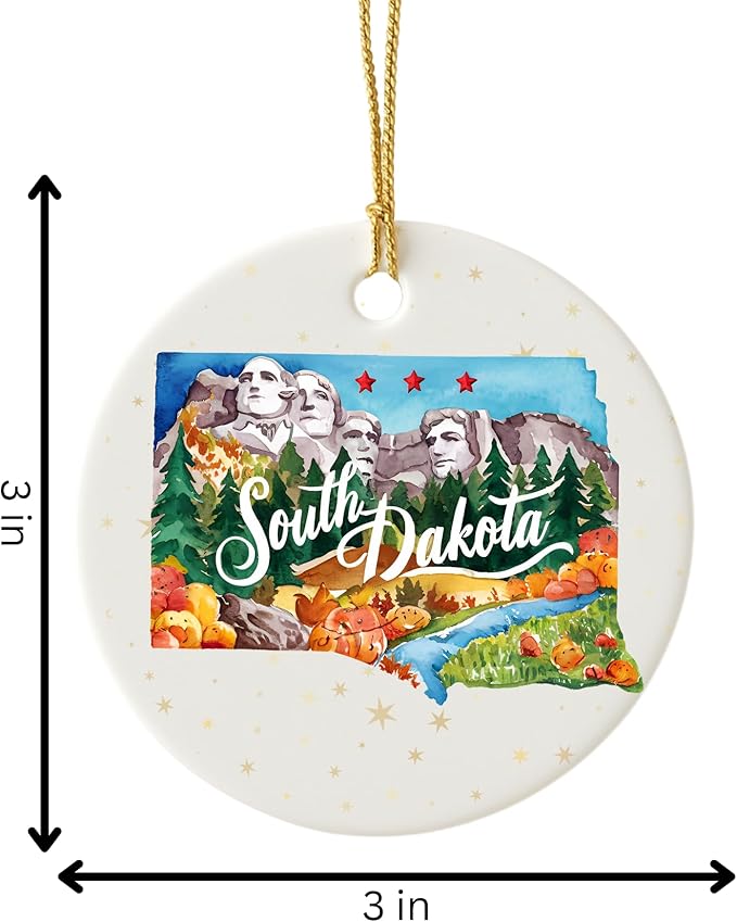 USA State Landmark Ceramic Ornament – Round Glossy Christmas Decoration Featuring U.S. State Art, Landmarks & Holiday Scenery – Collectible Travel Souvenir Ornament Series (South Dakota)