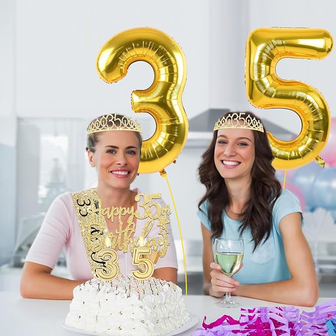 35th Birthday Decorations for Women Gold with 35th Birthday Sash and Tiara, Cake Topper and Candles, Number Balloons, 35 Year Old Gifts for Women