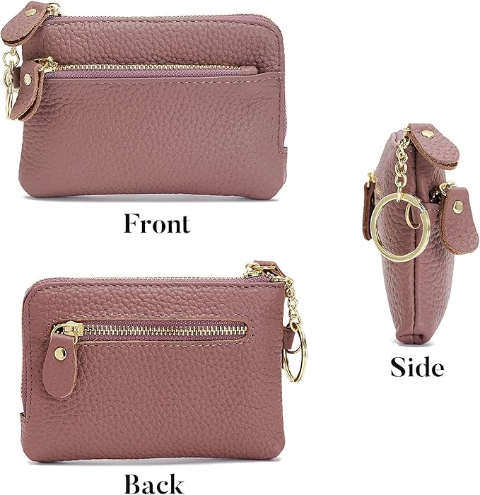 Genuine Leather Coin Purse for Women with Large Opening & Wrist Strap Navy (Purple)