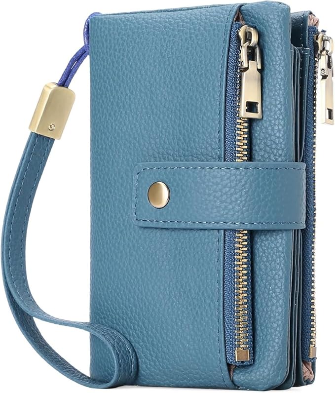 Practical Genuine Leather Wristlet Wallet for Women with Double Zipper Coin Purse and Card Organization (Blue)