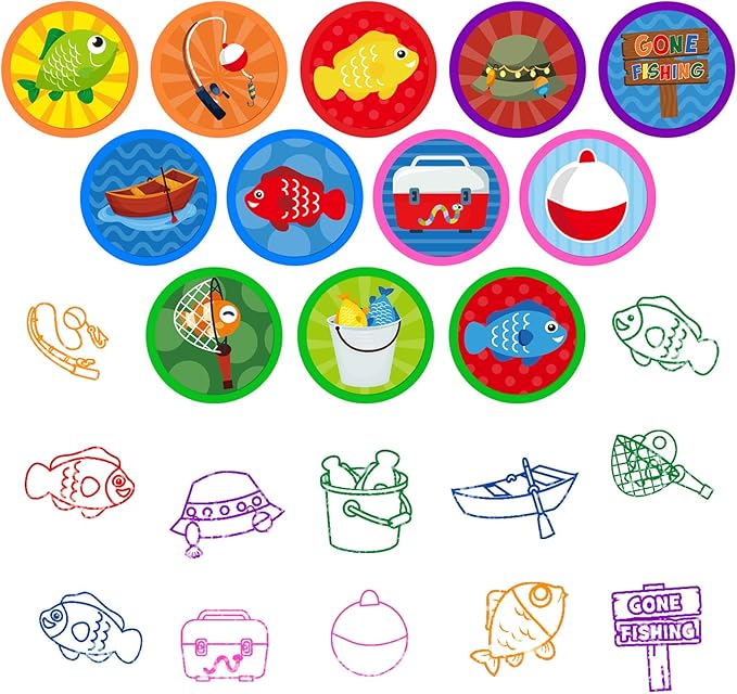 Cinrobiye 24 PCS Gone Fishing Party Stampers，Summer Fishing Birthday Favors for Boys Girls, Little Fisherman Party Supplies, Classroom Rewards, Goodie Bag & Pinata Fillers, Carnival Prizes