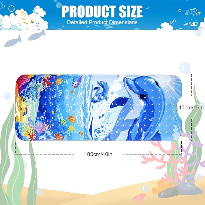 Vanleonet Baby Bathtub Mat Non Slip, 40''x16'' Extra Long Bathtub Mat Non Slip for Kids, Cartoon Shower Mat Anti Slip with Suction Cups & Drain Holes, Machine Washable, Dolphin