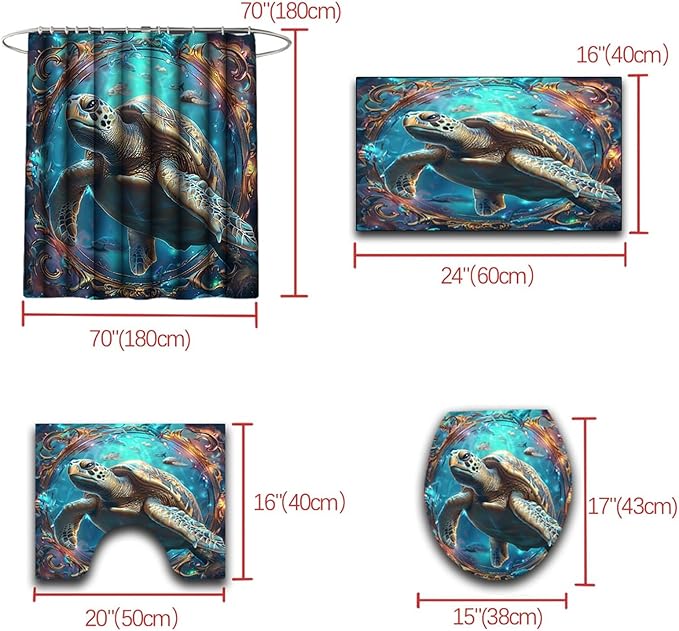 4 Pcs Sea Turtle Shower Curtain - Under The Sea Shower Curtain for Bathroom Ocean Bathroom Sets with Curtain and Rugs