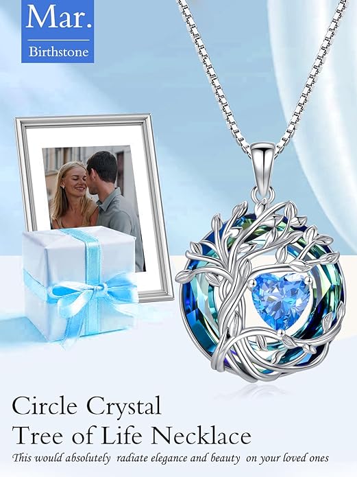 TOUPOP Tree of Life Birthstone Necklace 925 Sterling Silver Pendant Austrian Crystal Jewelry Anniversary Valentine's Day Birthday Gifts for Women Mom Her Wife