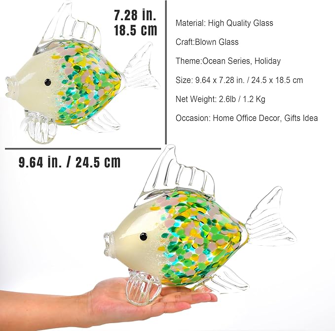 Ornalrist Blown Glass Fish Handmade Statue - Ocean Decor for Living Room, Green Colorful - Gifts for Women, Mom, Friends, Fish Lovers - Home Table Decor