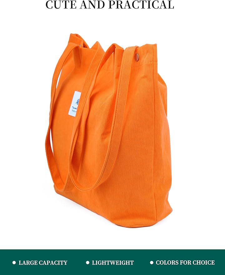 Corduroy Tote Bag Cute Tote Bags for Women Shoulder Bag with Inner Pocket for Work Beach Travel and Shopping Grocery
