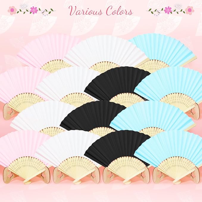 50 Packs White Paper Fans Paper Hand Fan Bamboo Folding Fan Handheld Fan Paper Folded Fan Paper Fan for Wedding Party and Home Decoration