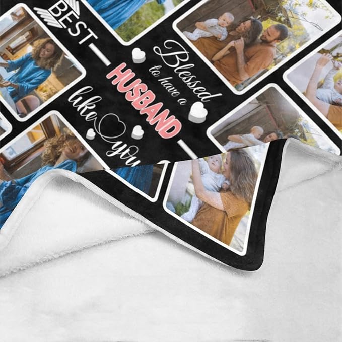 Custom Blanket Gifts for Husband, Customized Blankets with Photos, Make a Personalized Bed Throws to My Husband, Custom Souvenir Throw Blanket for Best Husband Ever, 8 Collages Made in USA