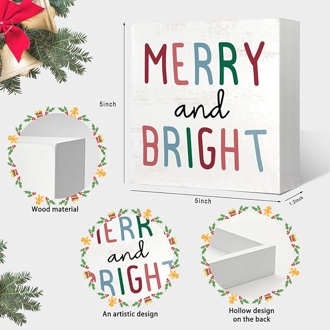 Mtrgdn Pastel Christmas Decoration for Home, Merry and Bright Xmas Wooden Box Sign Decor, Xmas Holiday Gifts, Merry Christmas Rustic Home Bedroom Bathroom Shelf Desk Decoration 5x5