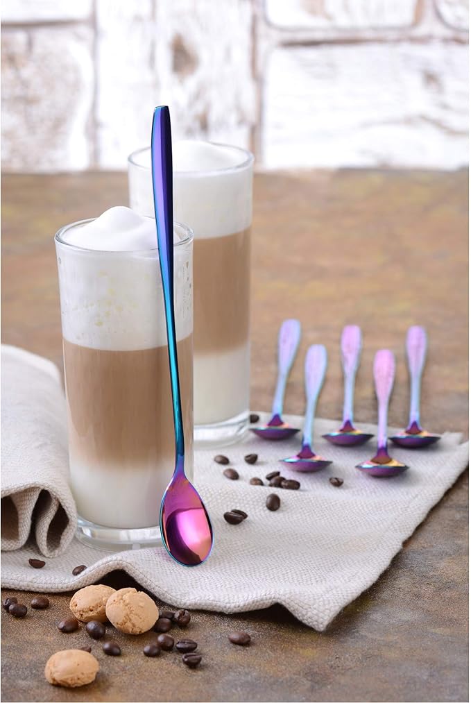 GRÄWE Long Handle Iced Tea Spoon, Coffee Spoon, Ice Cream Spoon, Spoons for desserts, Stainless Steel, Cocktail Stirring Spoons, Set of 6, Dishwasher Safe, Rainbow