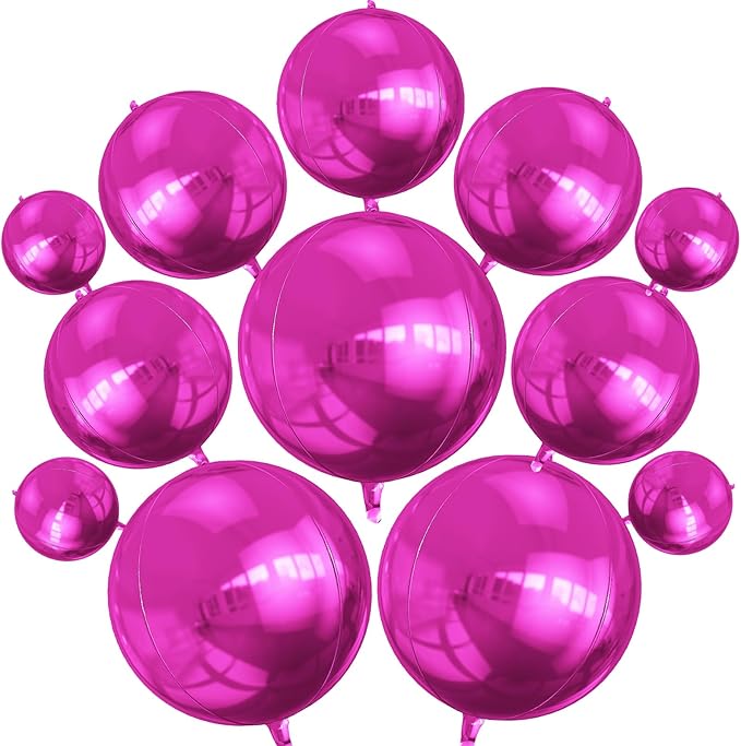 12PCS Hot Pink Round Foil Balloons, 22" 15" 10" Large 4D Ball Balloons Metallic Hot Pink Mirror Balloon for Valentines Galentines Day Wedding Women Birthday Party Decorations