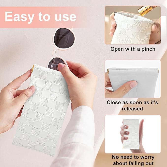 4PCS Small Makeup Bag for Purse, Mini Leather Pocket Cosmetic Bag for Women, Waterproof Portable Makeup Pouch No Zipper Coin Purse Lipstick Bag Accessories, Checkered Travel Storage Bag(White, Black)