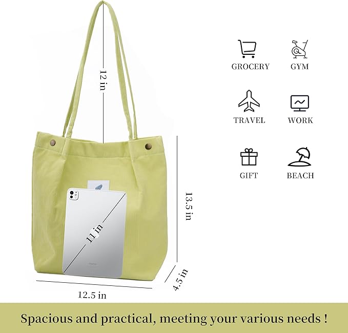 Corduroy Tote Bag Cute Tote Bags for Women Shoulder Bag with Inner Pocket for Work Beach Travel and Shopping Grocery