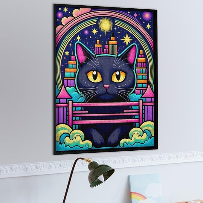Wooden Puzzle - Dreamy Starry Night Cat Jigsaw Puzzles，Wooden Puzzles for Adults 1000 Pieces Challenge Puzzles，Educational Games，Family Puzzles，Unique Gifts for Wall Art