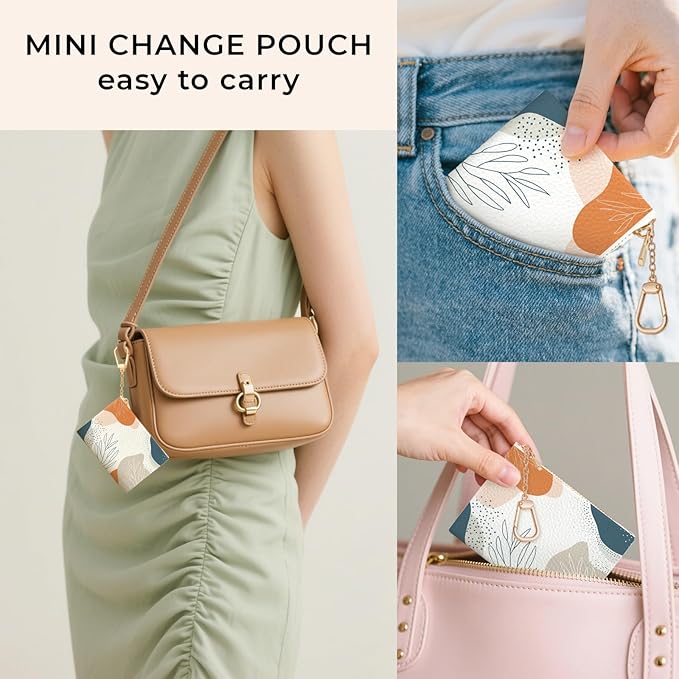 Boho Leaves Abstract Keychain Coin Purse for Women, Small PU Leather Change Pouch, Zipper Little Tiny Travel Wallet for Girls, Cute Kawaii Zip Pocket Coin Holder with Key Ring