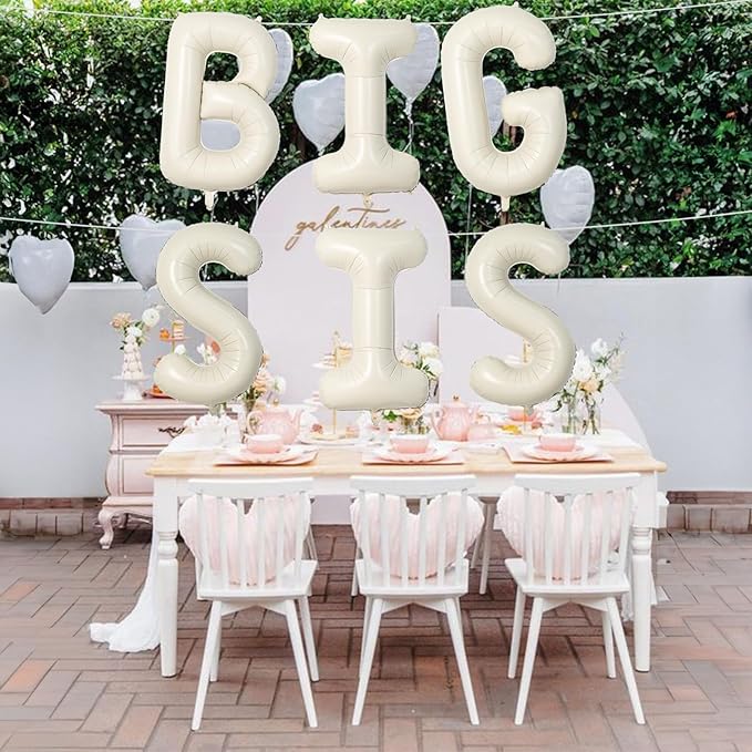 40 Inch Cream BIG SIS Balloons, Large Beige Neutral Big Sis Balloon Letters Sign with Ribbon, Ivory White Sand Baby Girls Balloon for Her Birthday Baby Shower Gender Reveal Party Decoration Supplies