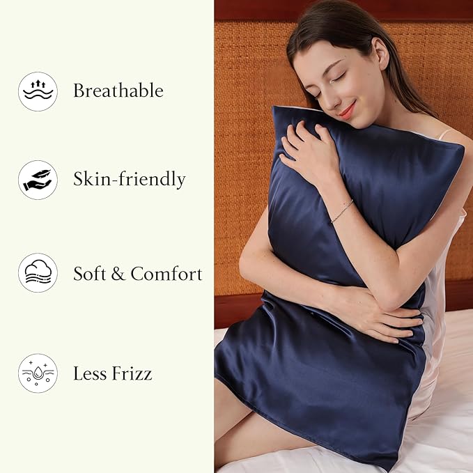 Mulberry Silk Pillowcase for Hair and Skin, Luxury Double Sided Pure Silk Pillowcase, 29x19 Inches, 1Pc (Navy Blue)