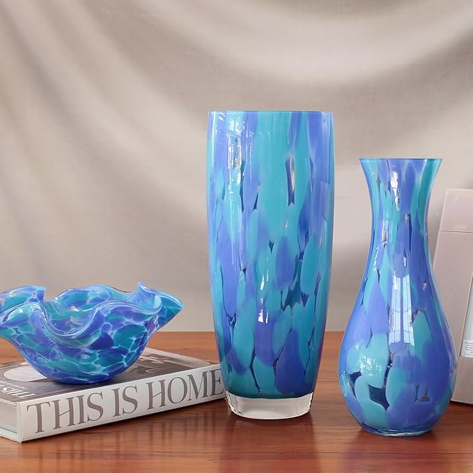 Ca D Oro Murano-Style Glass Vase Blue Confetti Effect Hand Blown Art Glass Crystal for Flower, Room Decoration and Centerpiece - Model AD3