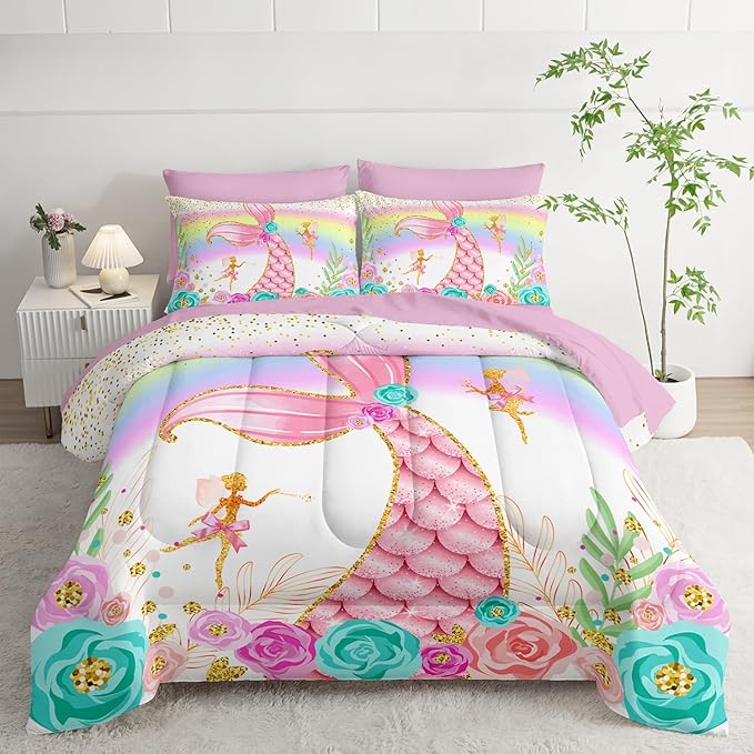 Mermaid Comforter Set Twin - 7 Piece Girls Bedding, Pink Teal Floral Bed Set, Soft Microfiber Comforter, Sheets, Pillowcases