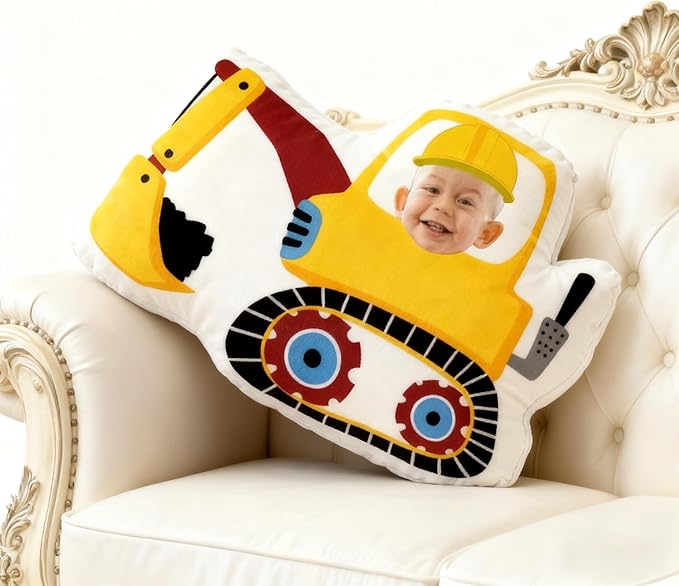 Custom Funny Construction Excavator Pillow with Kids Face Personalized Excavator Pillow for Boys Customized Soft Plush Pillow for Room Decor Play Perfect Birthday for Little Builders