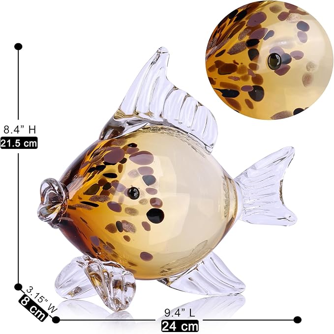 Amber Gold Blown Glass Fish Figurine – Handcrafted Art Glass Animal Sculpture, Ocean Coastal Home Decor, Elegant Ornament for Tabletop or Bookshelf Display (H)
