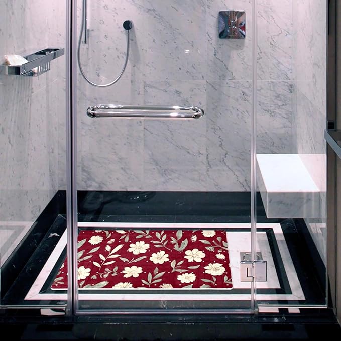 Bath Tub Mat Non Slip 15.1 x 26.8 Inch, Small White Flowers and Leaves on Deep Red Background Eco Friendly Bathmat with Suction Cups Drain Holes Shower Tub Mats