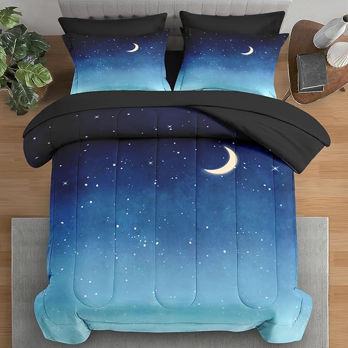Comforter Set Queen Size, Landscape Night Moon 7 Pcs Bedding for Kids and Adults, Blue Starry Sky Bed Sheet Sets with Fitted Sheet 2 Pillowcases & 2 Shams for Bedroom Bed Decor