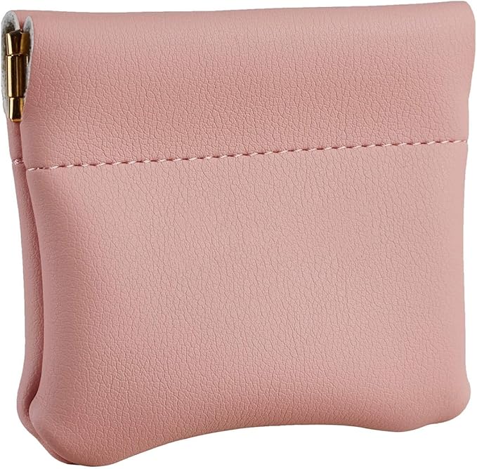 Squeeze Coin Purse Genuine Leather Wallet Compact Change Holder Travel Pouch for Women Gift Box (Pink)