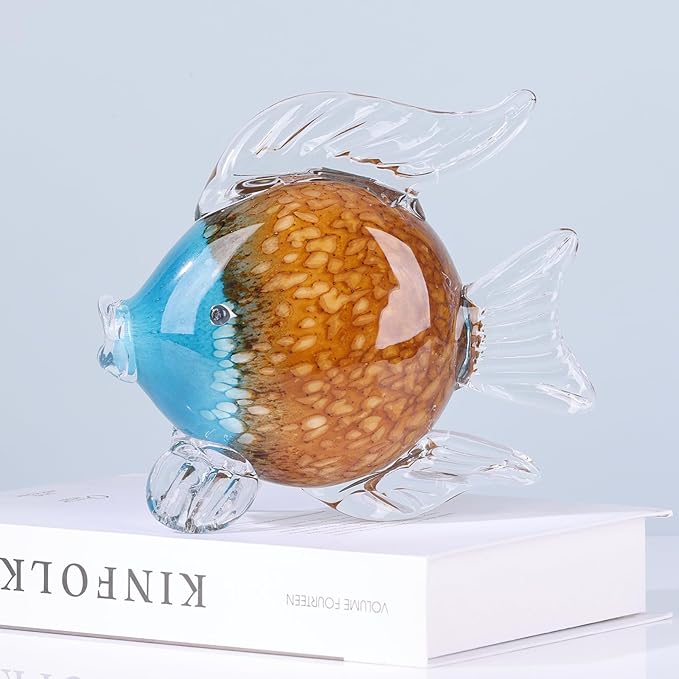 LCCCK Large Glass Fish Figurines Hand Blown Glass Fish Statue and Sculpture Home Decor, Murano Animal Tropical Sea Glass Paperweights for Desk, Glass Aquarium Coastal Beach Decorative (Brown)
