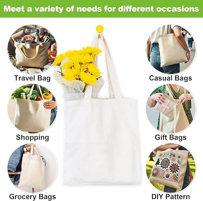 Canvas Tote Bag - 4 PCS Cotton Canvas Reusable Grocery Shopping Blank Tote Bag with Handles for Crafts DIY, Gift, Advertising Promotion Activity