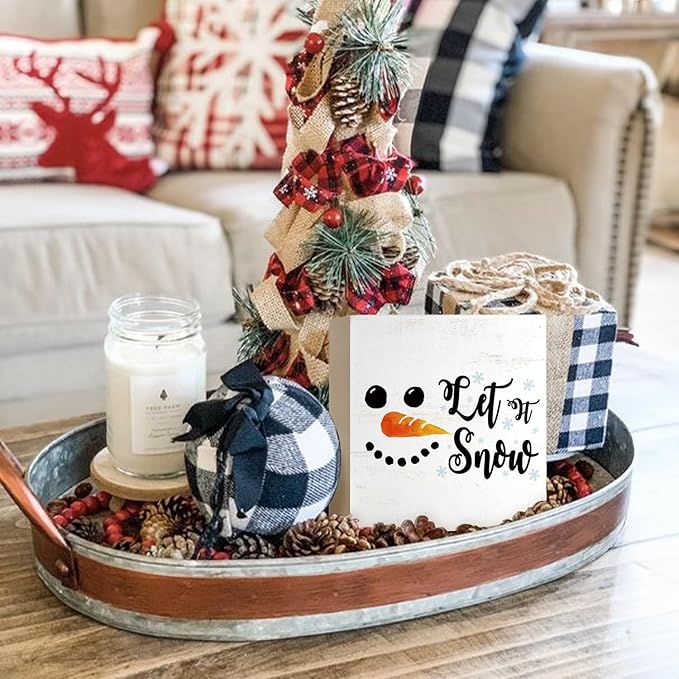 Mtrgdn Christmas Snowman Decor Sign,Winter Snowman Decorations Let's Snow Sign Wood Box Signs,Winter Christmas Signs for Home Bathroom Bedroom Kitchen Office Desk Table Shelf Wall Decor,5x5 Inch