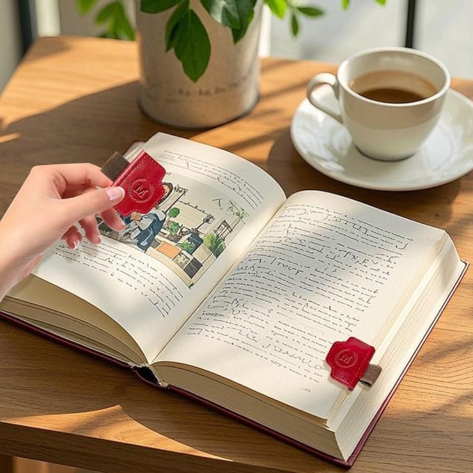 BygoneMark Magnetic Leather Bookmark with Pen Holder, Personalized Custom Initial Page Marker & Pen Clip, Professional Book Accessory for Students (Dark Brown-A)