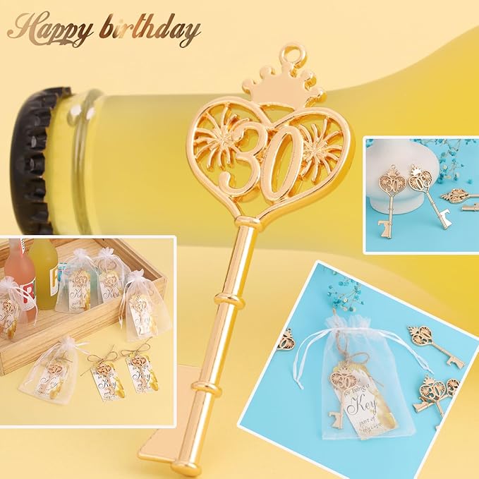 24pcs 30 Birthday Party Favors Key Bottle Opener, 30th Beer Opener Keychain Favors for Guests with Organza Bags and Tags,Beer Keychain Bottle Openers for Birthday Party Decoration Supplies (gold-30)