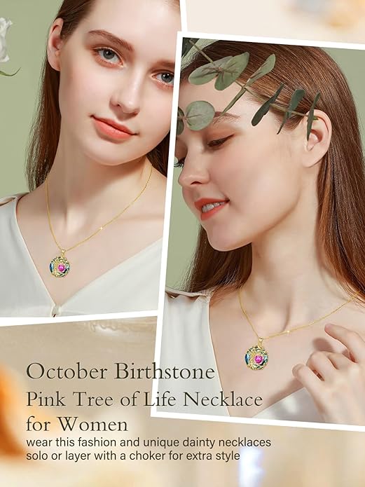 TOUPOP Tree of Life Birthstone Necklace 925 Sterling Silver Pendant Austrian Crystal Jewelry Anniversary Valentine's Day Birthday Gifts for Women Mom Her Wife