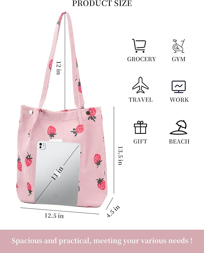 Corduroy Tote Bag Cute Tote Bags for Women Shoulder Bag with Inner Pocket for Work Beach Travel and Shopping Grocery