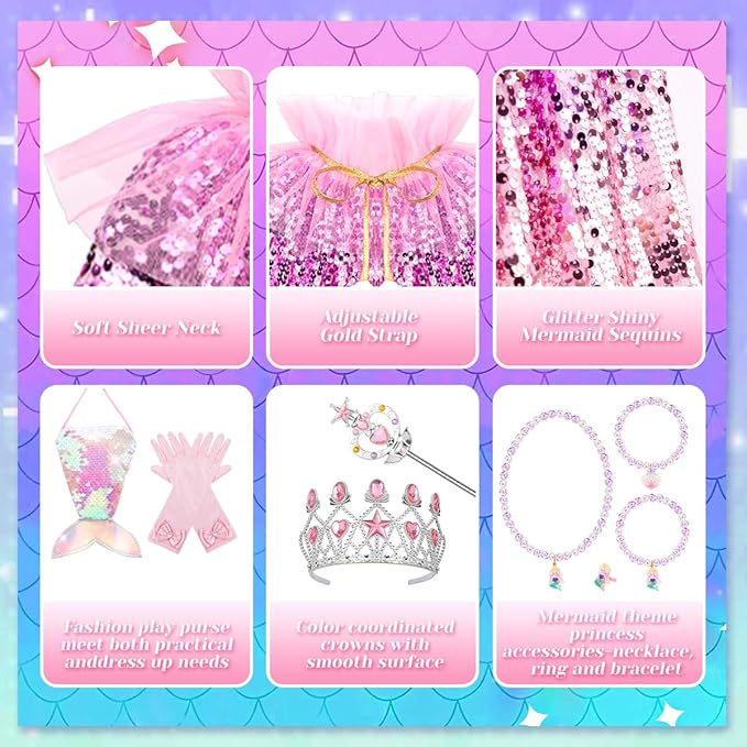 Meland Princess Dress Up for Girls 3-8, 11Pcs Mermaid Cape with Crown, Dress Up Clothes Birthday Gift Toys for Girls Toddlers