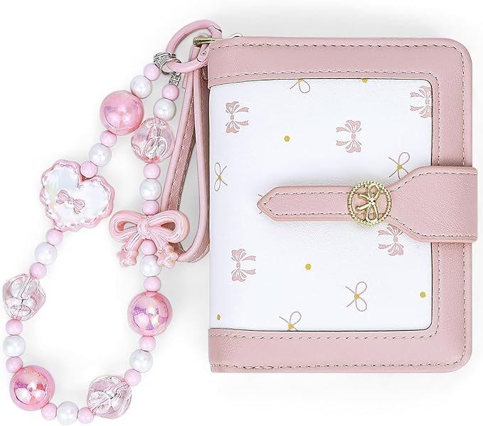Womens Wallet Cute Small Wallets for Women Pink Coquette Minimalist Ladies Purse with Key Chain Wallet Bow Design Mini Kawaii Coin Purse with ID Window