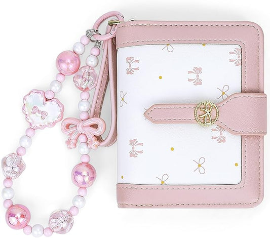 Womens Wallet Cute Small Wallets for Women Pink Coquette Minimalist Ladies Purse with Key Chain Wallet Bow Design Mini Kawaii Coin Purse with ID Window