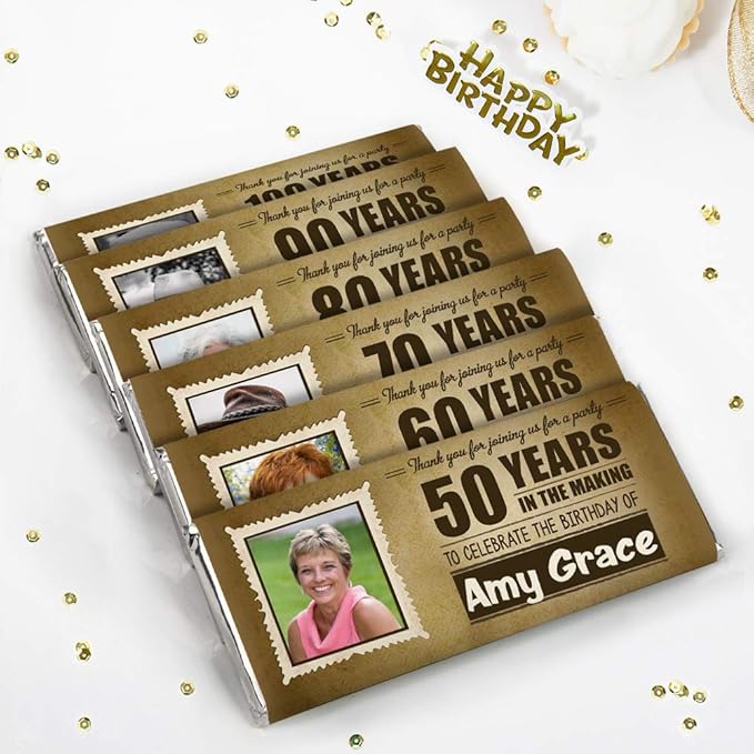 12ct Birthday Party Favors For Adults Candy Bars, Prewrapped, Personalized labels with Photo (12 Pack) - 50th 60th 70th 80th 90th Birthday Chocolate