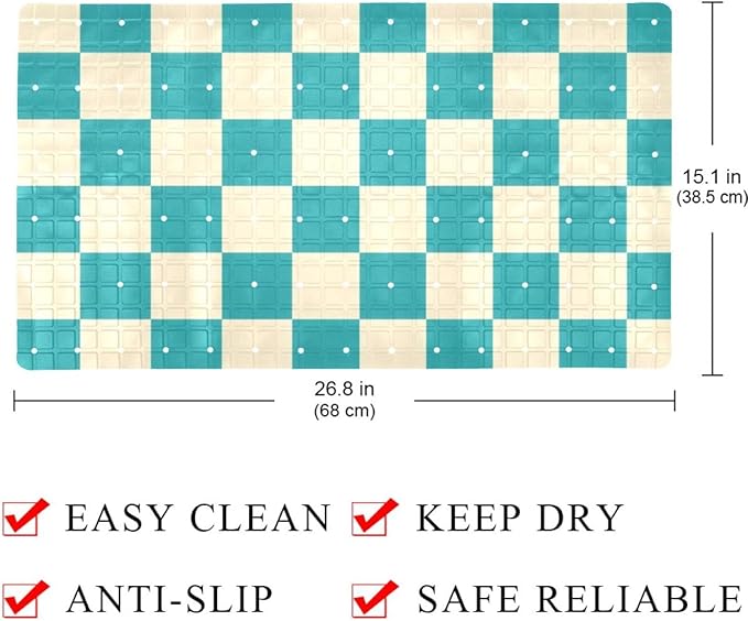 Bathtub Mats for Shower Tub, Squares of Turquoise and Cream Anti-Slip Bath Mats for Inside Tub, Bathroom Shower Mats with Drain Holes and Suction Cups
