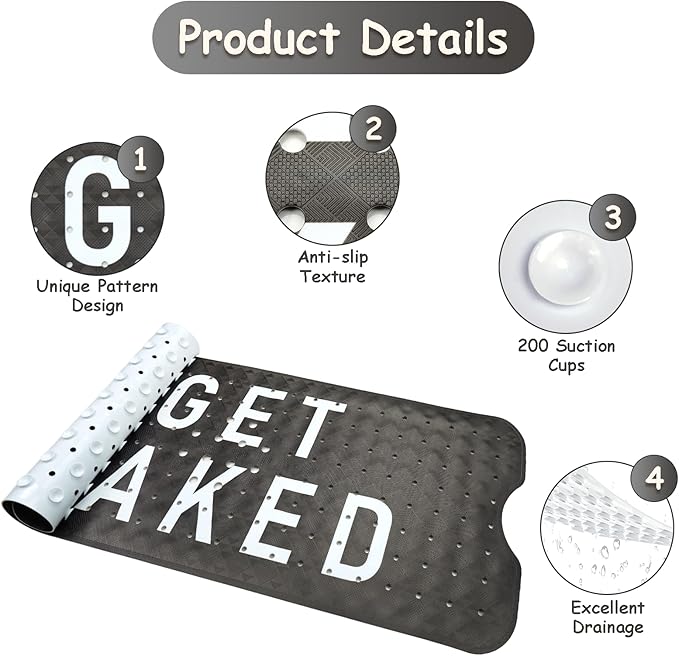 Bathtub Mat Non Slip, Get Naked Extra Long Bath tub Mat Shower Floor Mat with Suction Cups and Drain Holes for Adults Kids Elderly 40 X 16 Inch